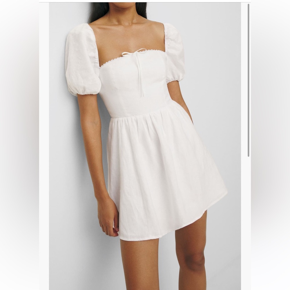 NWT Reformation White 100% Linen Malvina Puff Sleeve Minidress Size 12